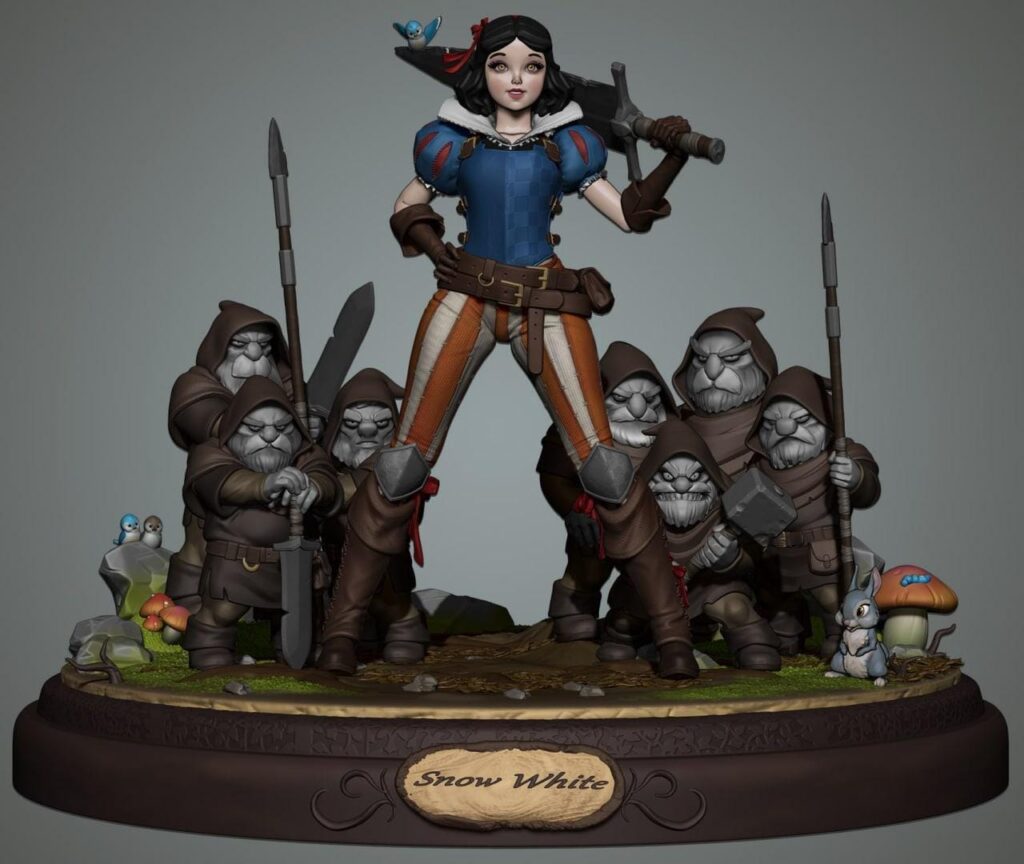 Princess and Dwarves 3D Resin Figurines (Unpainted, High Detail)